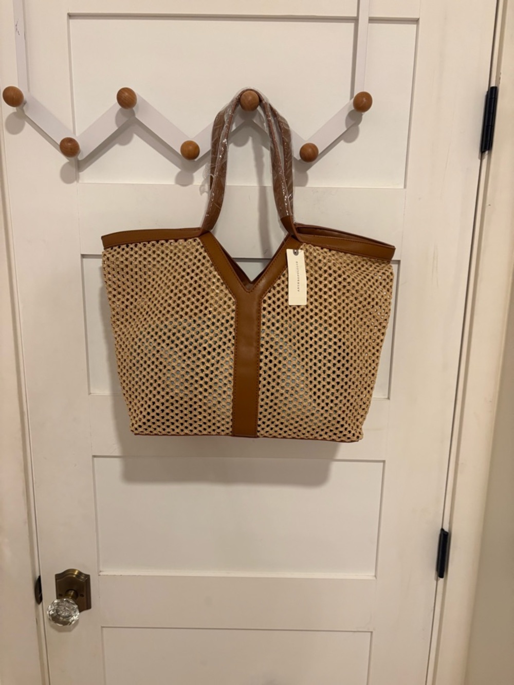 Anthropologie Tan and Cream Woven Tote